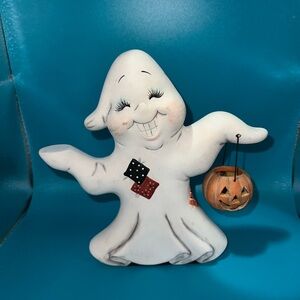 Vintage White Halloween Ghost Figurine with Jack-o'-Lantern
